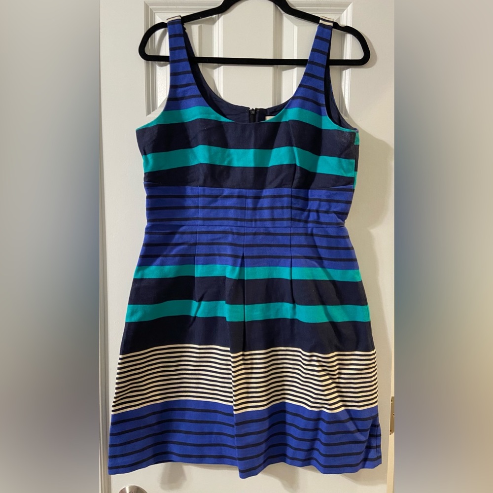 Loft Blue Teal & Navy Striped Sleeveless Structured Fit & Flare Dress - Size 6